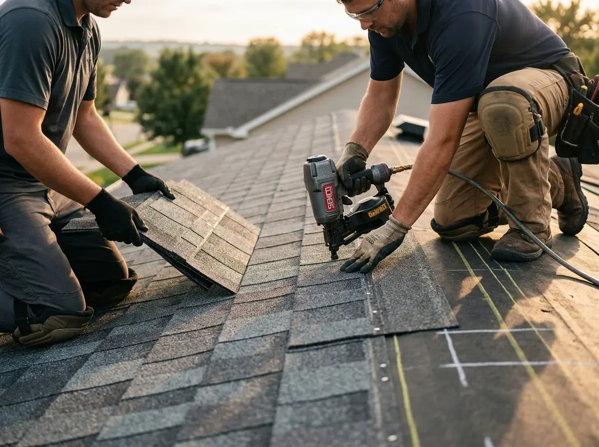 Professional roofer working on a residential roof in Russellville
